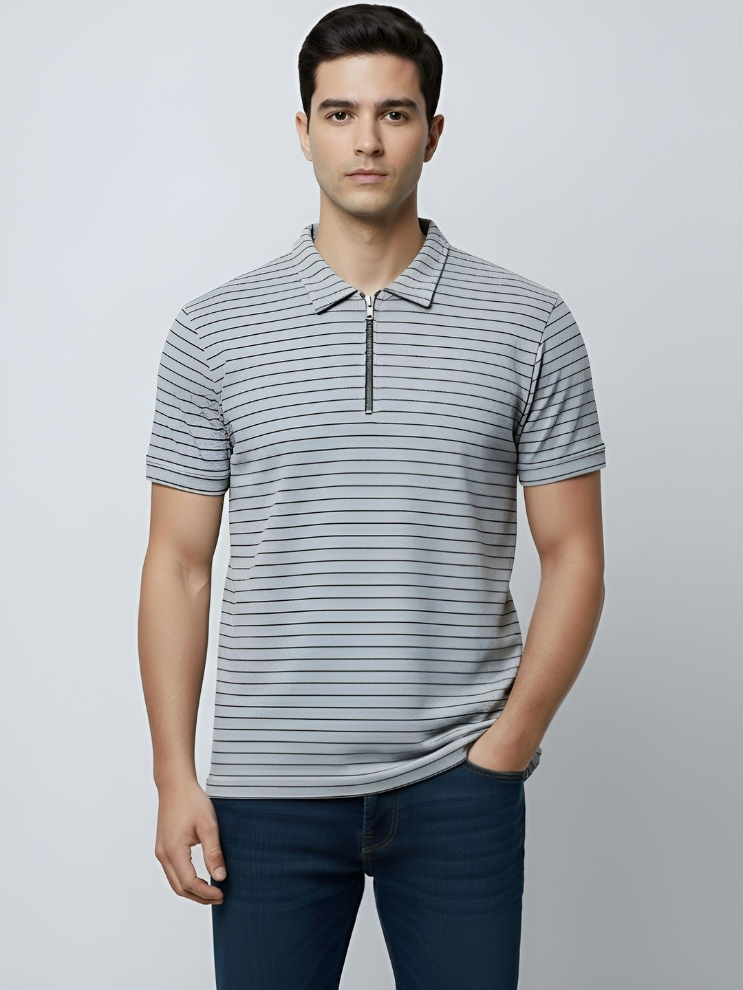 PTVIZE Men Striped Polo Collar T-shirt
