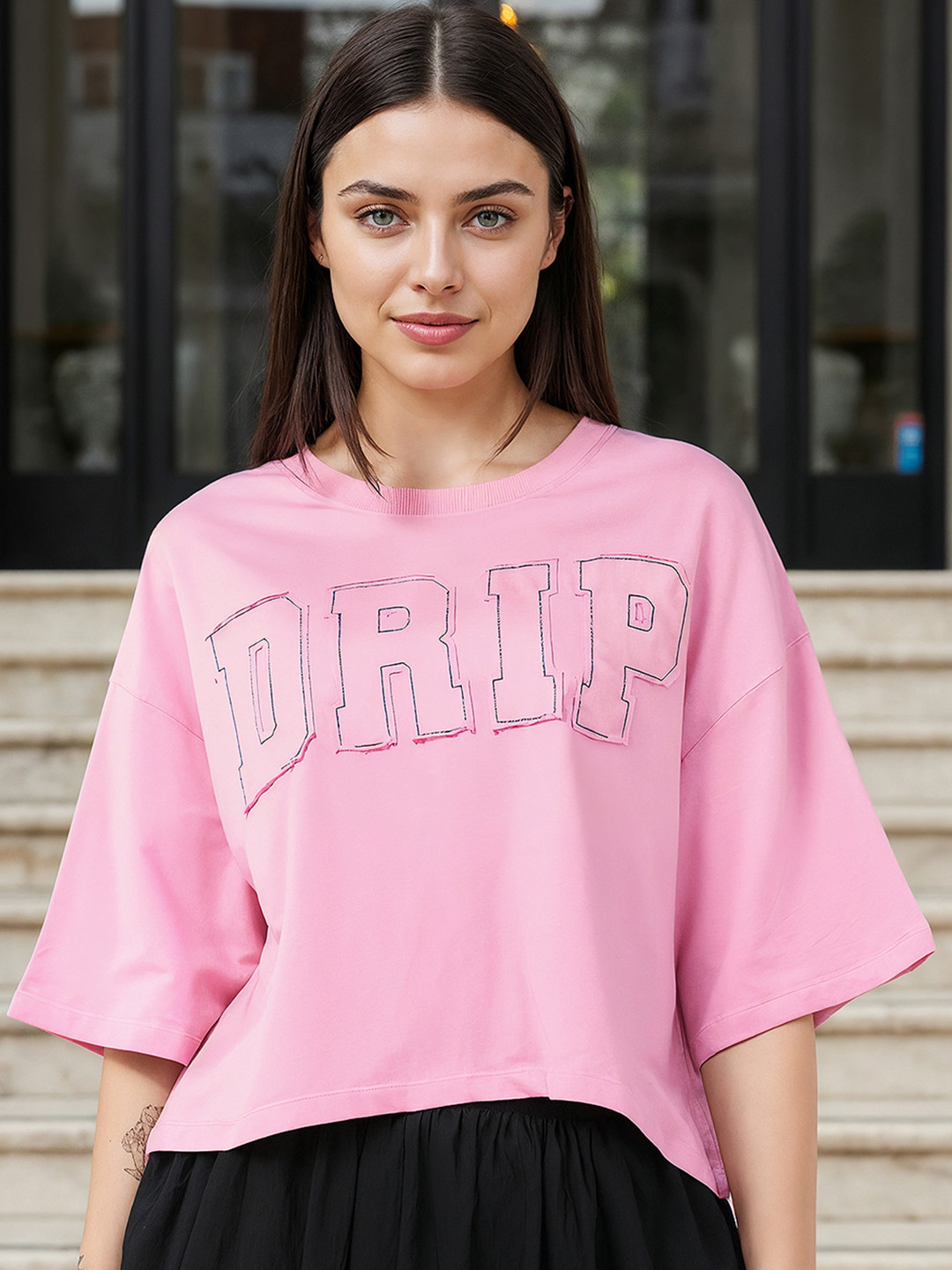 Bewakoof Heavy Duty Women's Pink Drip Applique Oversized Crop T-shirt