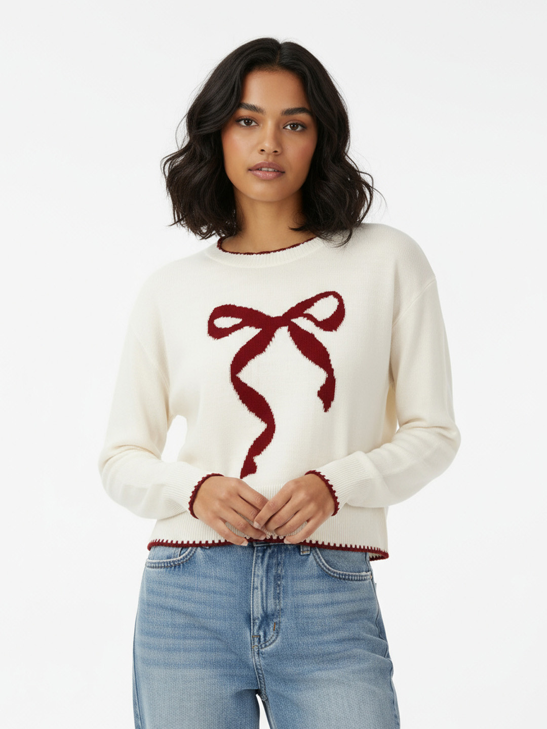 glitchez Bow Self Design Oversized Pullover with Contrast Edges