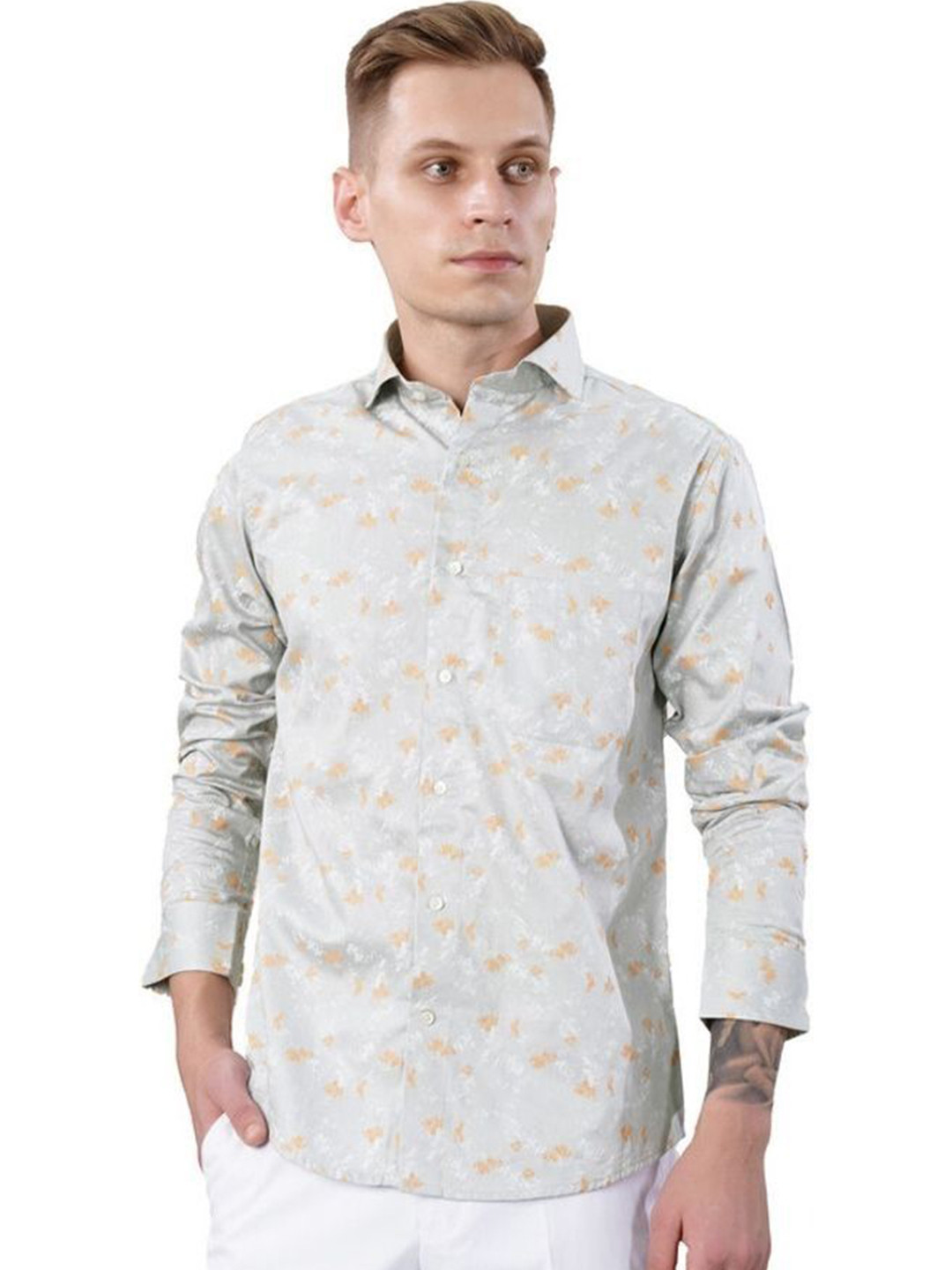 FRENCH CROWN Men Floral Printed Standard Cutaway Collar Cotton Casual Shirt