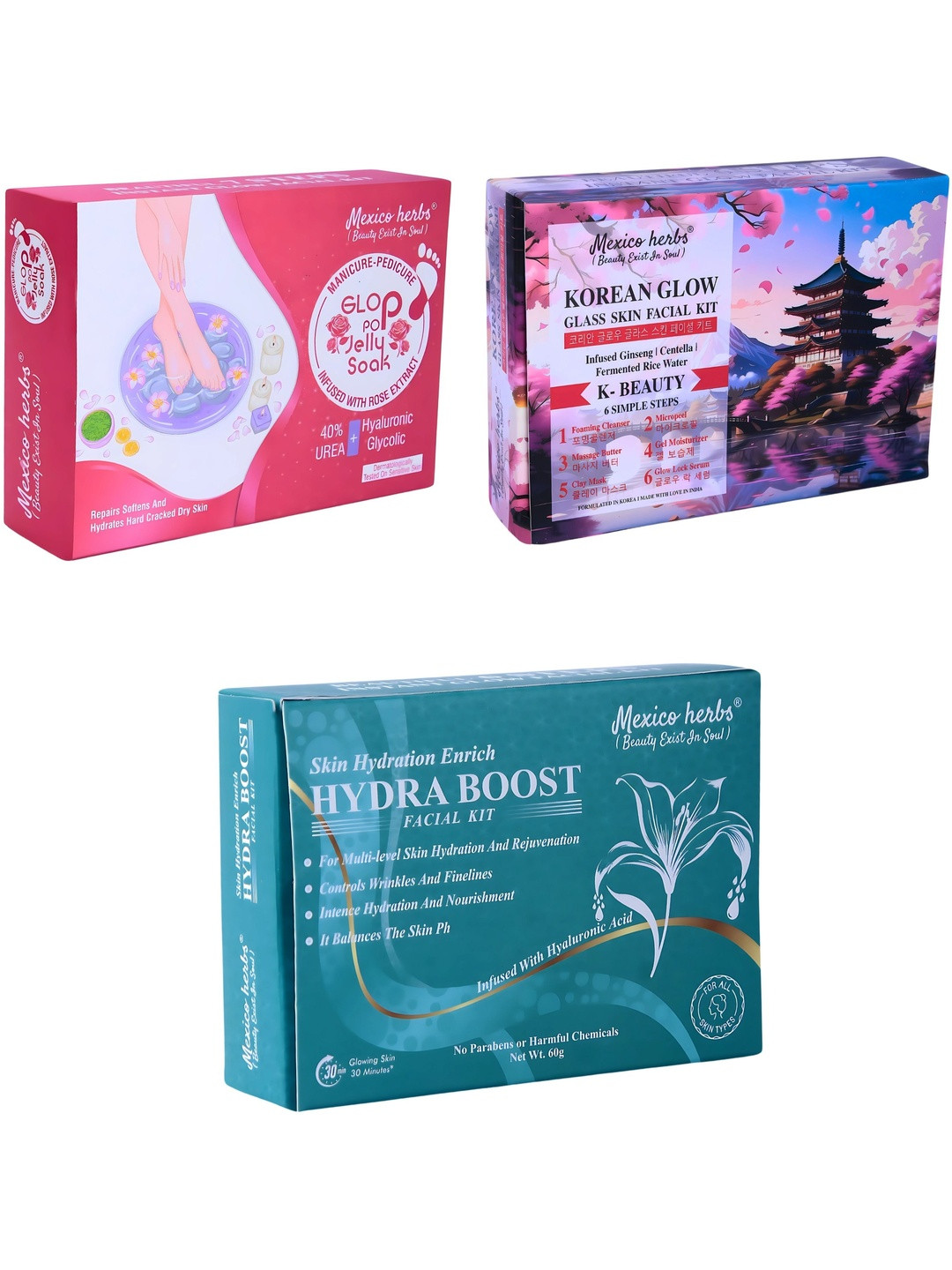 Mexico herbs Set Of 3 Glop Pop Manicure Kit, Korean & Hydra Boost Facial Kit - 60 g Each