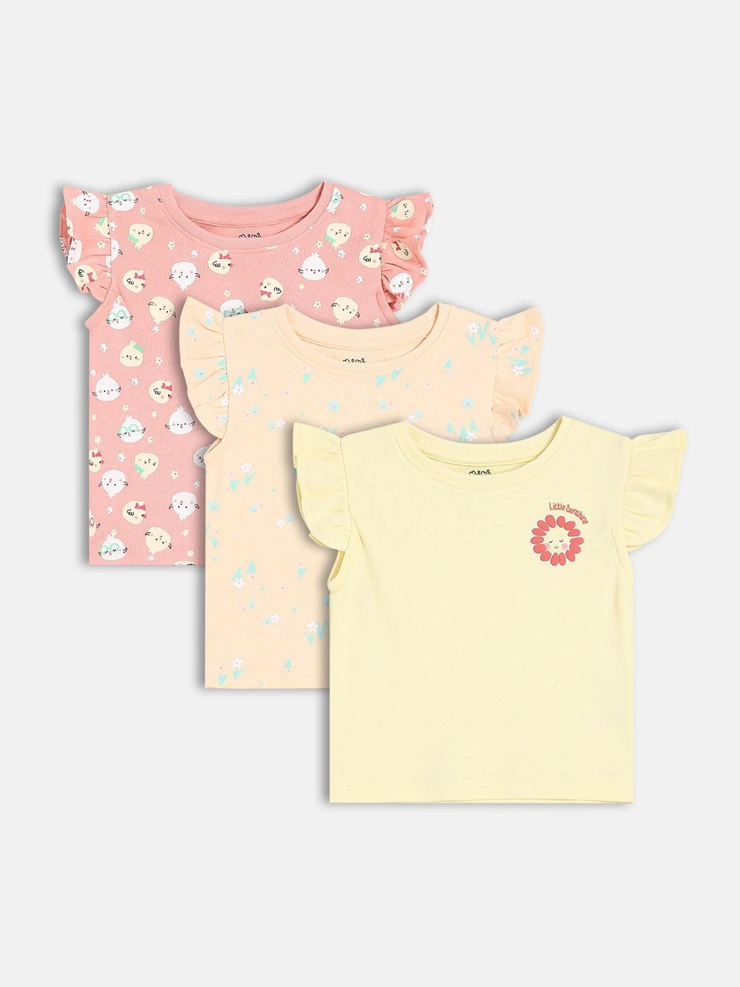 MINI KLUB Girls Pack Of 2 Baby Chick & Floral Printed Frill Sleeve Tops