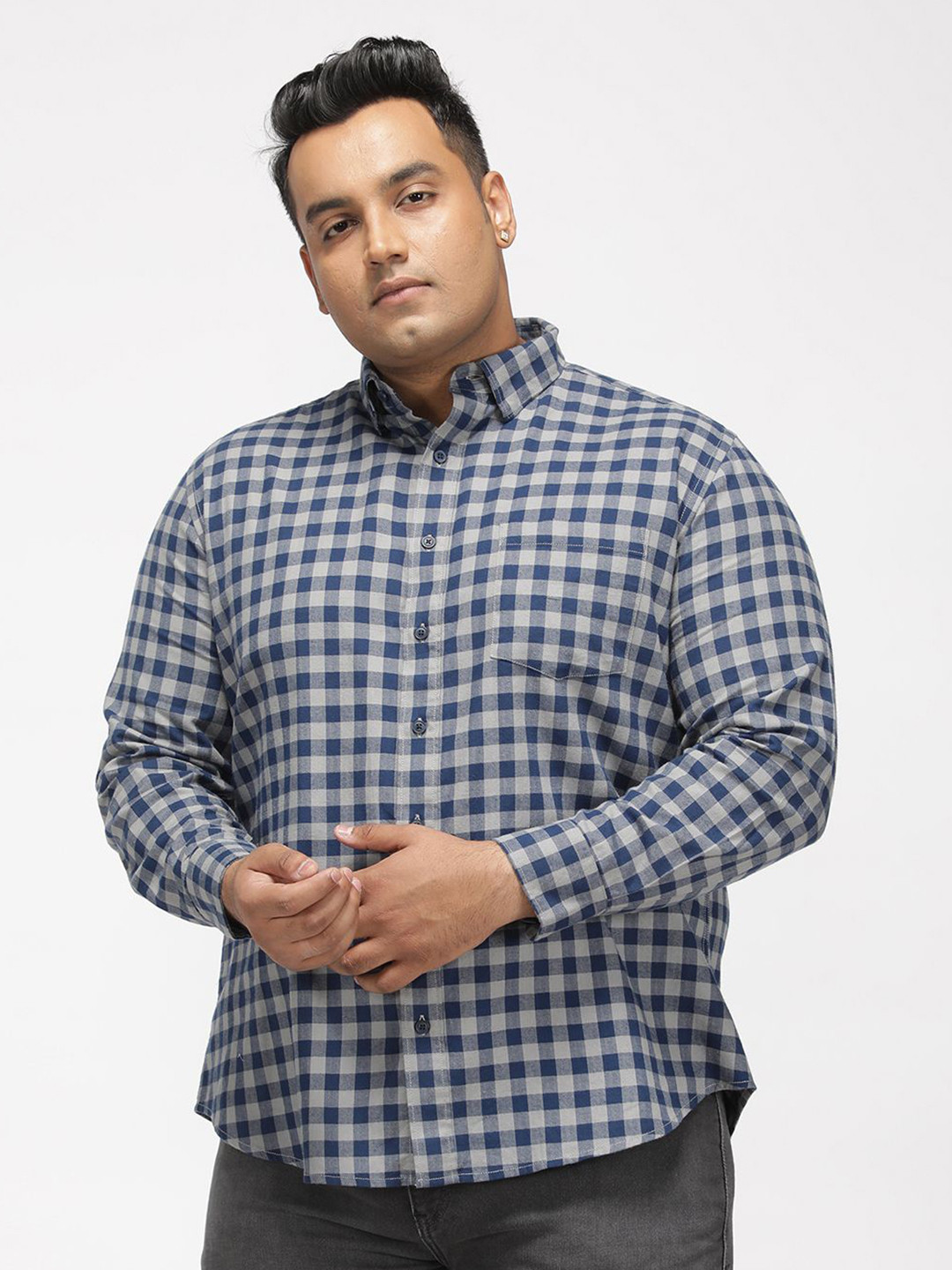 Big Hello - The Plus Life Plus Size Checked Long Sleeves Cotton Shirt