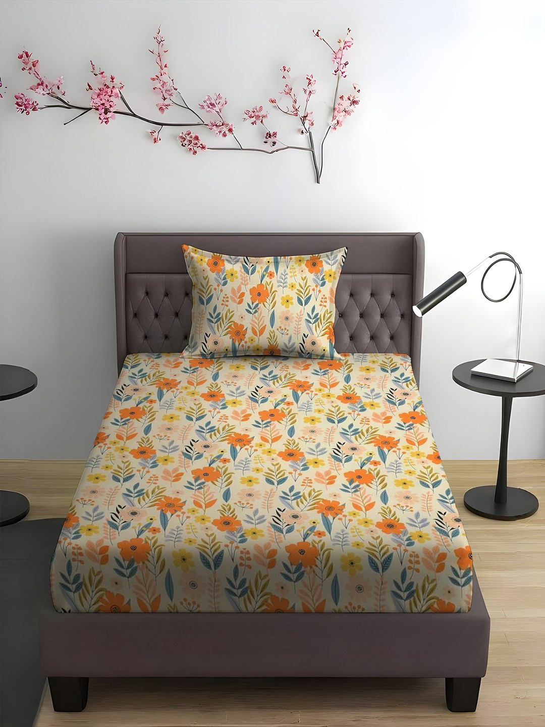 WEAVE AND DECOR White & Orange Floral Microfiber 300 TC Single Bedsheet Set-2.28 mx1.52m