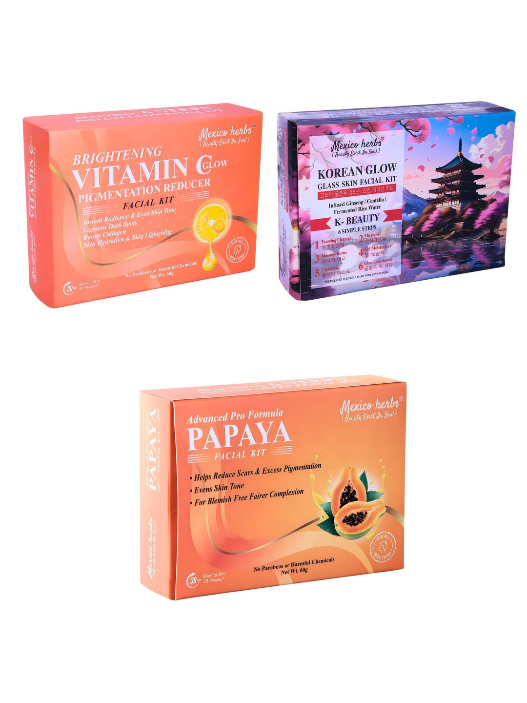 Mexico herbs Set Of 3 Vitamin C Papaya & Korean Facial Kit - 60 g Each
