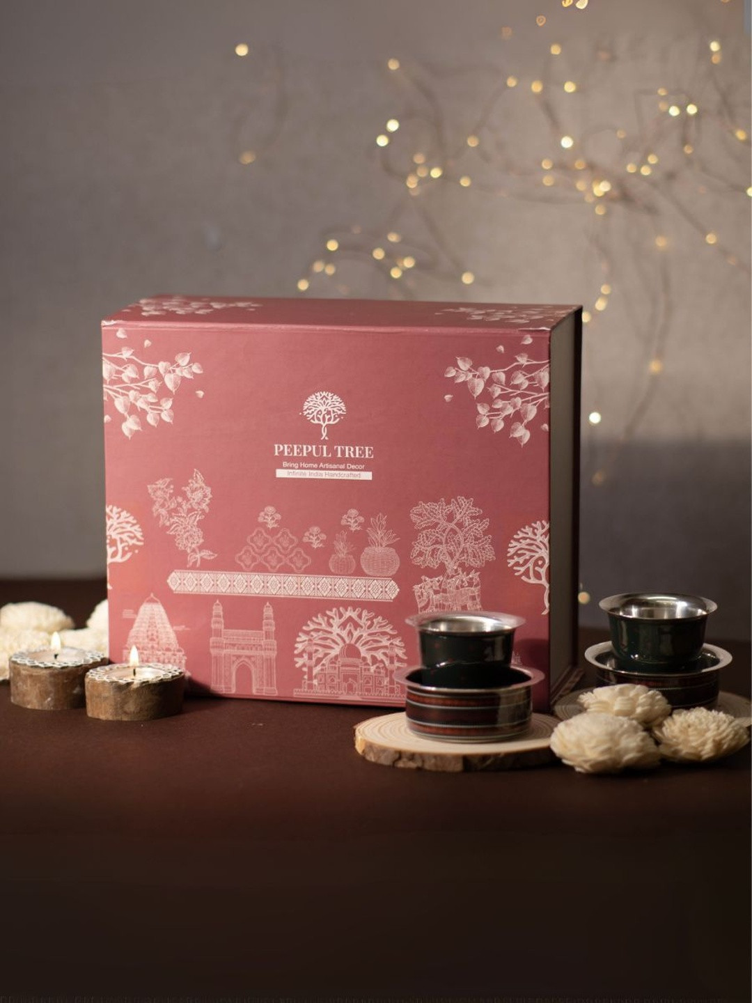 Peepul Tree 4Pcs Diwali Diyas & Dabbara Home Gift Set