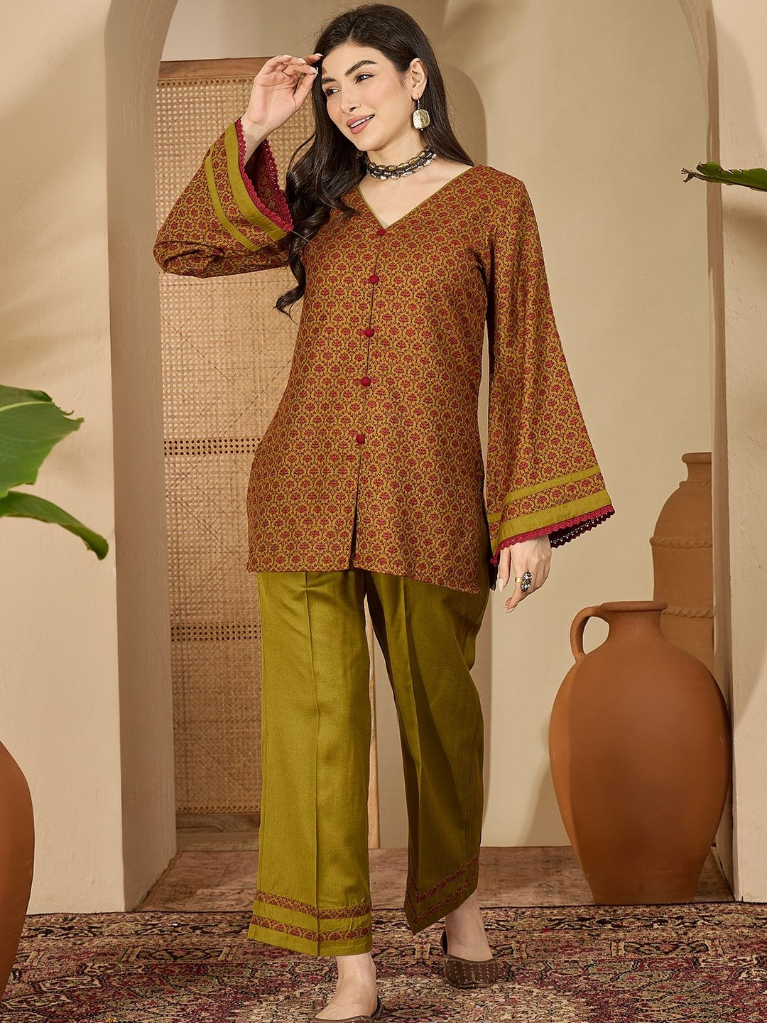 Sangria Jaquard Winter Pashmina V-Neck Tunic With Trousers Co-Ords
