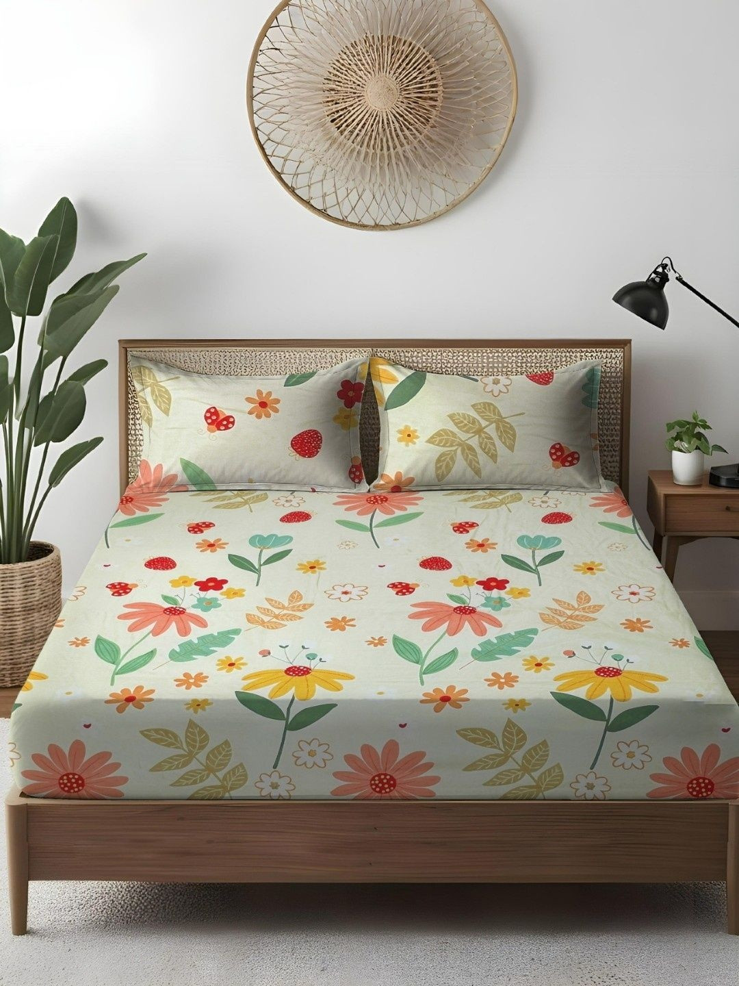 WEAVE AND DECOR Green & Orange Floral 300 TC Bedsheet with 2 Pillow Covers