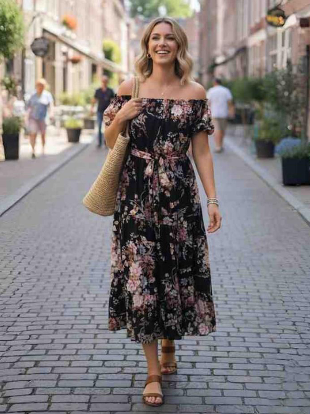LAESTILOSO PRIVATE LIMITED Floral Print Off-Shoulder Puff Sleeve Midi Dress