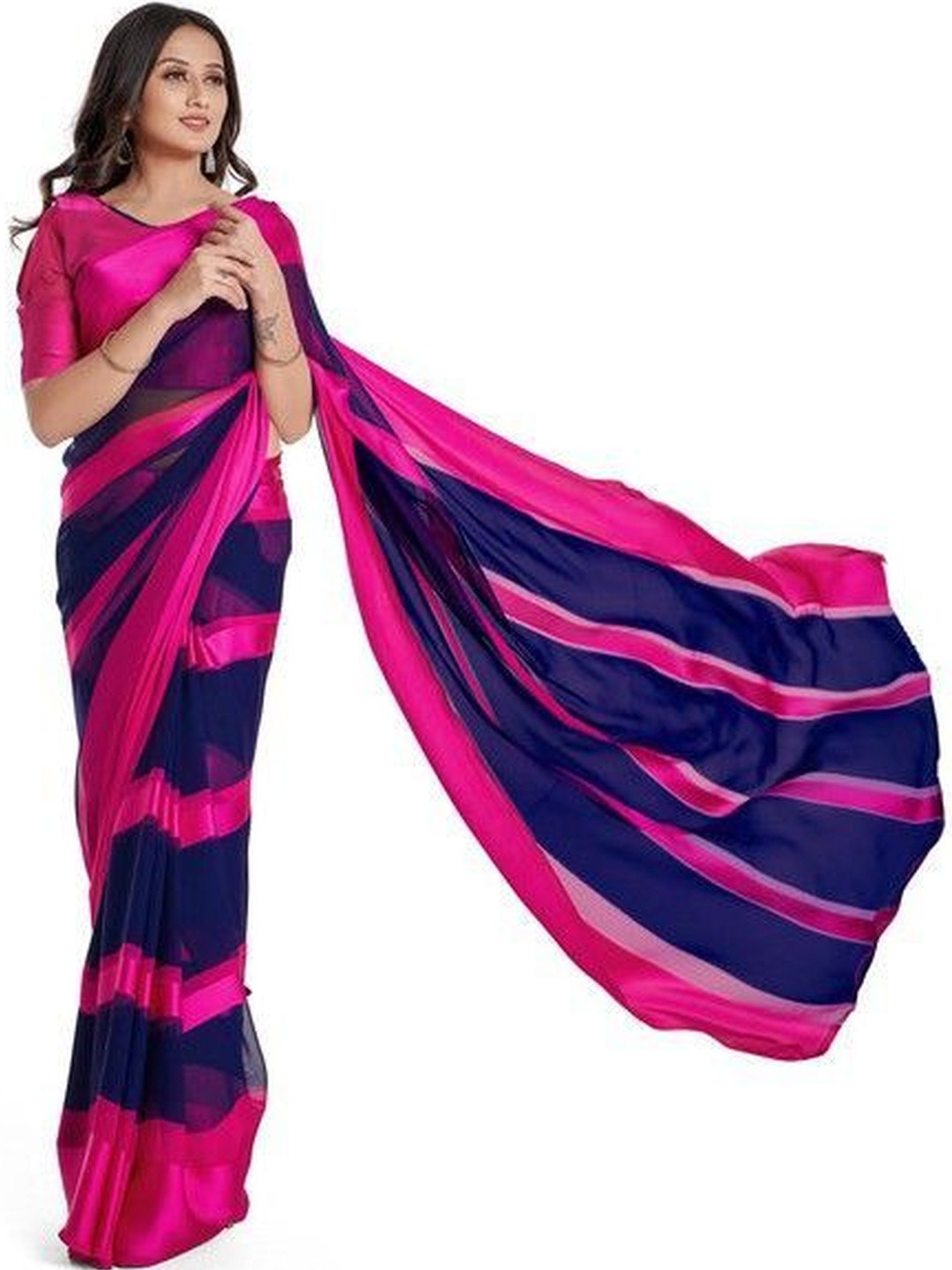 GHAN SALS Striped Poly Georgette Baluchari Saree