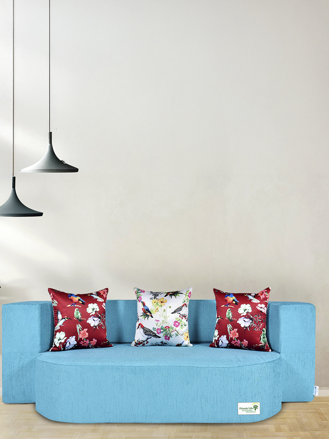 FRIENDS LIFE Blue & Red 3 Seater Fold Out Sofa Cum Bed with 3 Pillows