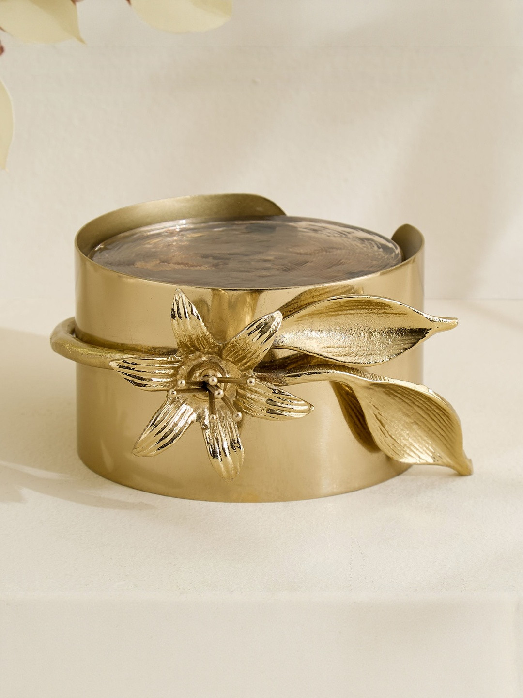 Home Centre Amara Gold-Colored 4-Pcs Glass Coasters With Metal Holder