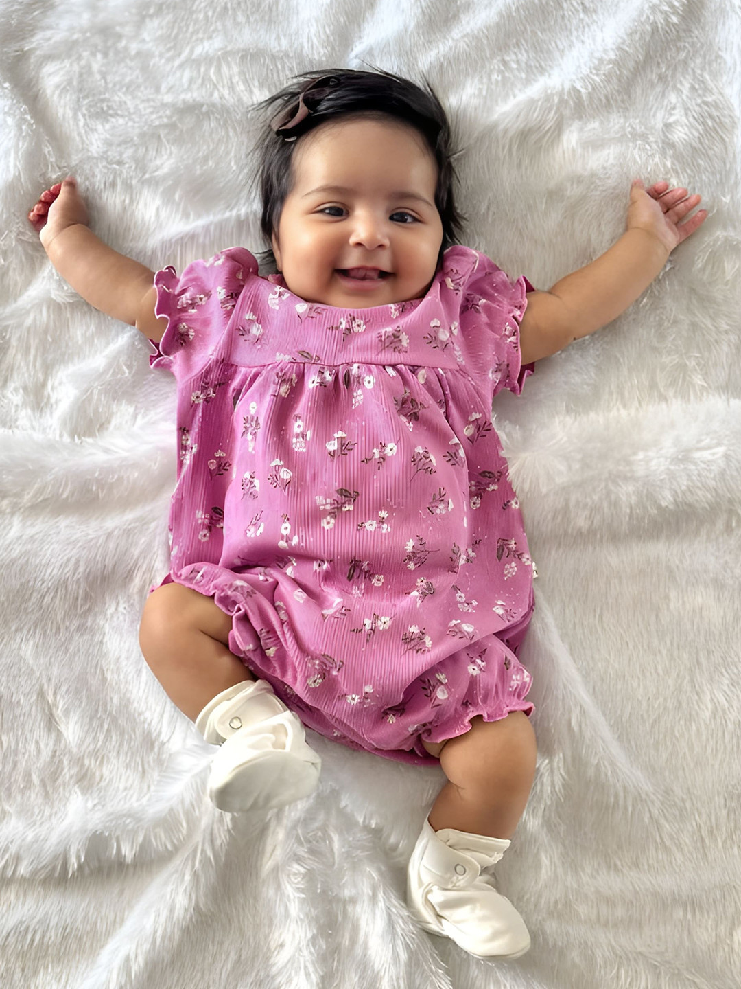 Ohmybebe Infant Girls Printed Pure Organic Cotton Romper With Headband