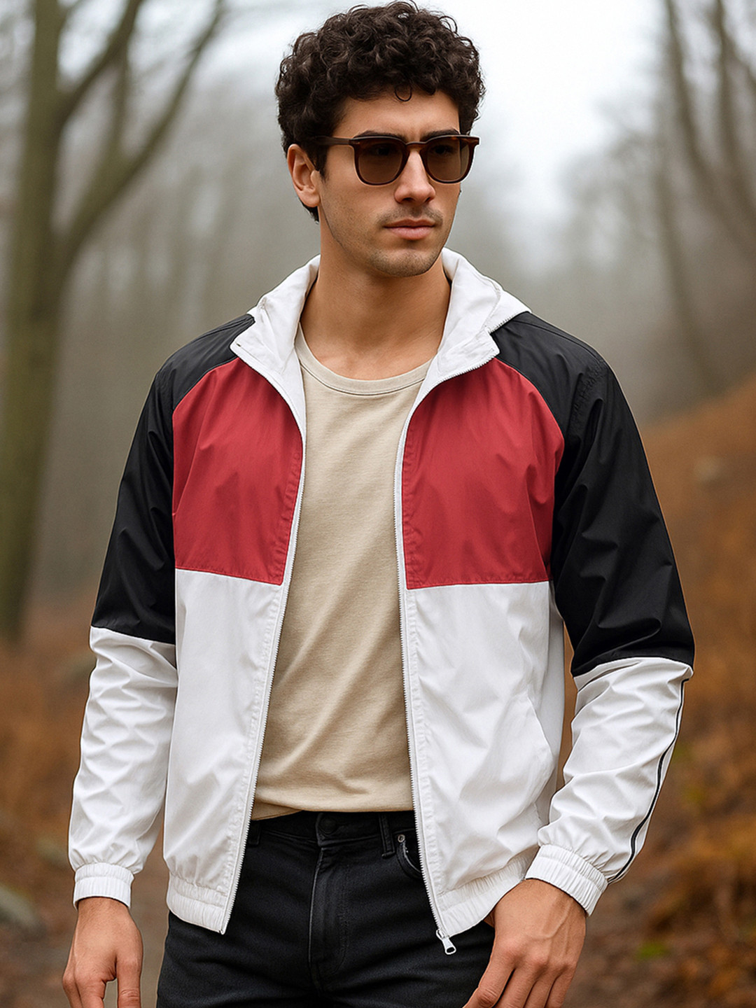 Bewakoof Air 1.0 Men's White & Red Color Block Hooded Windcheater Jacket