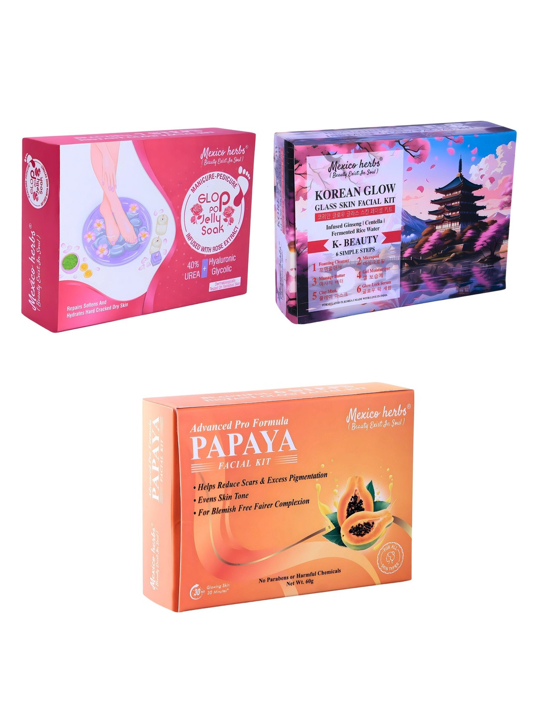 Mexico herbs Set Of 3 Glop Pop Manicure Kit & Korean & Papaya Facial Kit - 60 g Each