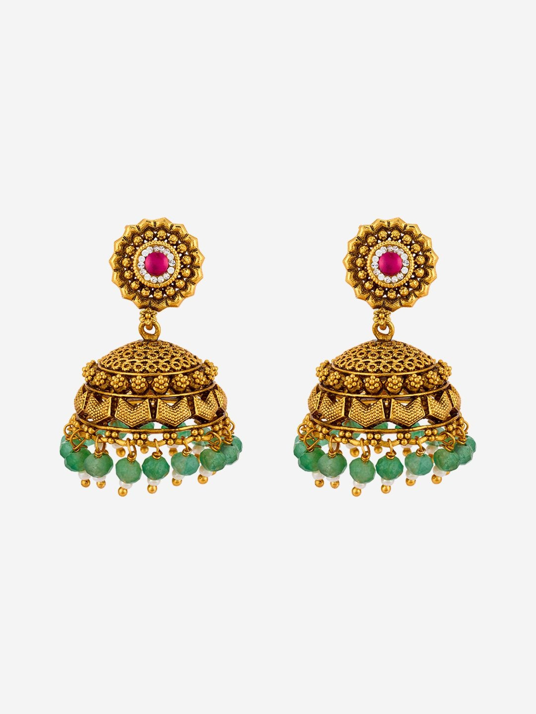 Kushal's Fashion Jewellery Gold-Plated Ruby Dome Shaped Jhumkas Earrings