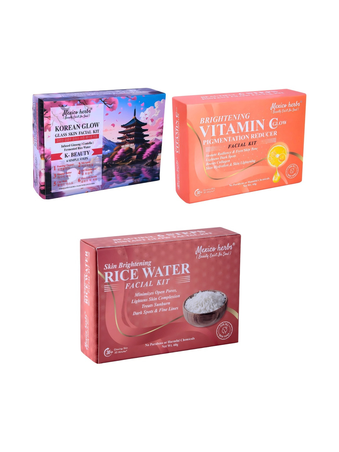 Mexico herbs Set Of 3 Korean Vitamin C & Rice Water Facial Kit - 60 g Each