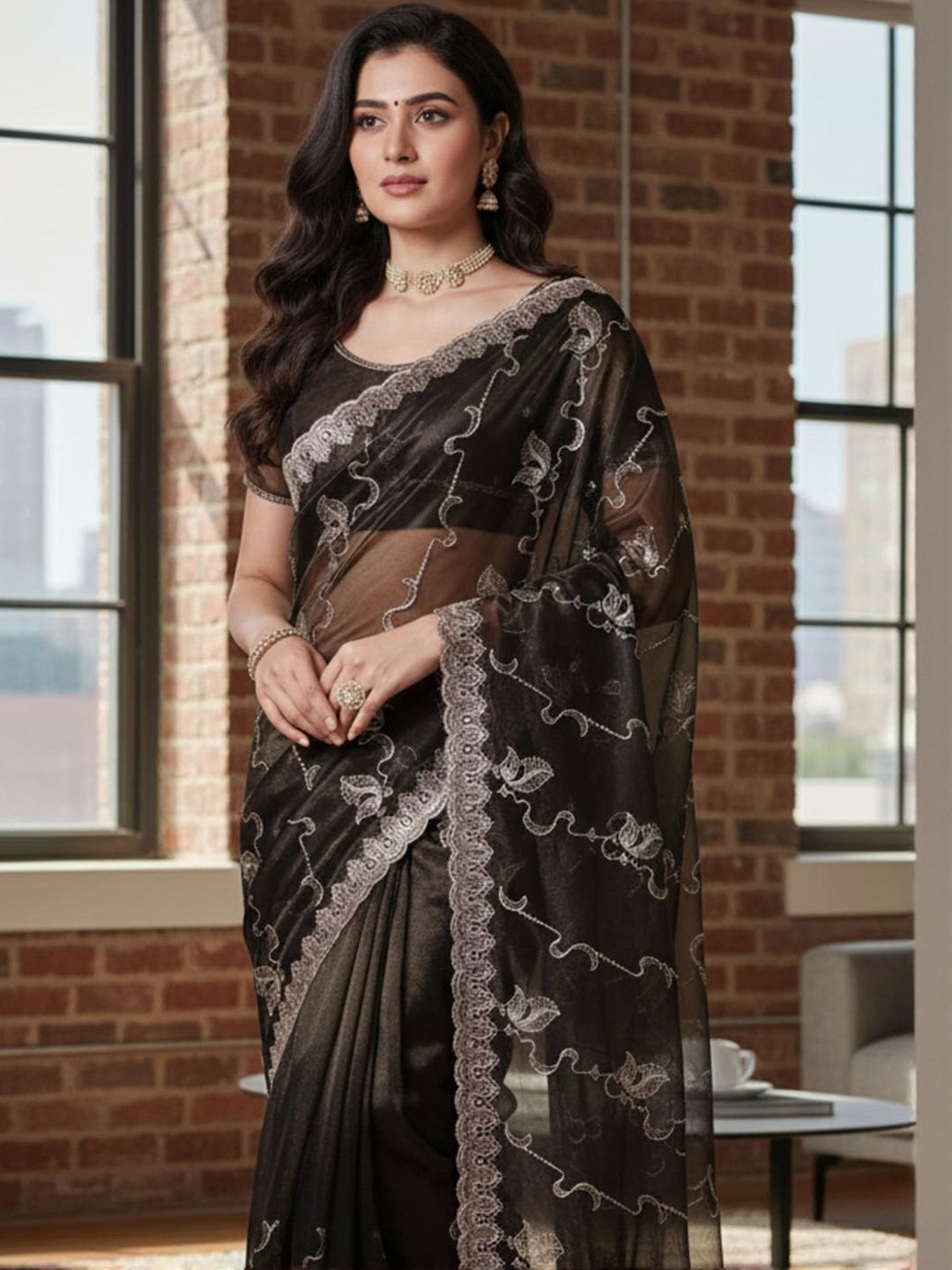 Anouk Rustic Ethnic Motifs Embroidered Net Designer Saree