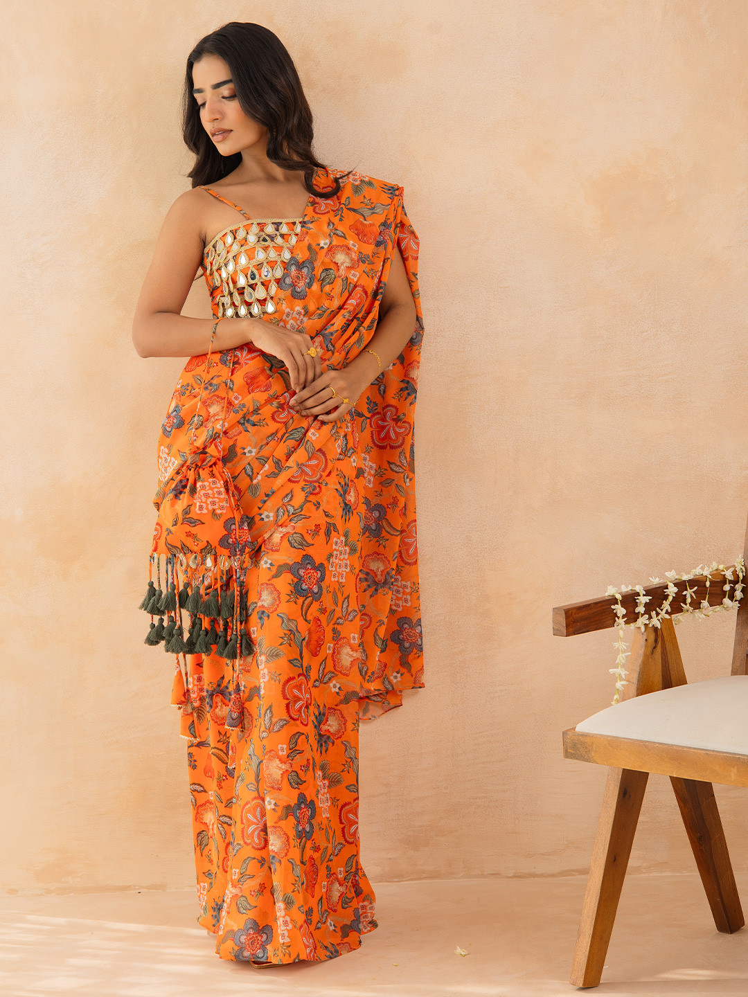 KAORI BY SHREYA AGARWAL Floral Printed Pre-Draped Saree with Mirror Embellished Blouse