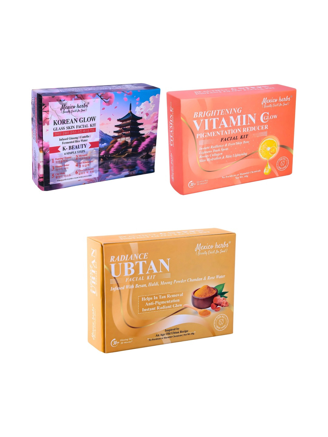 Mexico herbs Set Of 3 Korean Vitamin C & Ubtan Facial Kit For Skin Brightening - 60 g Each