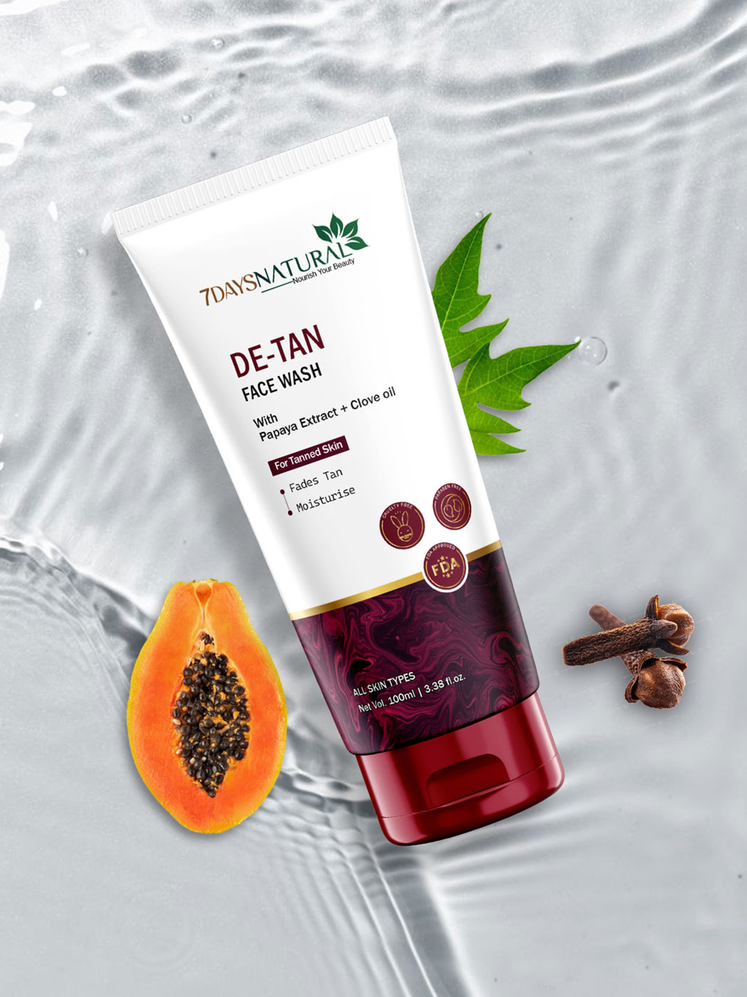 7DAYSNATURAL Natural De-Tan Face Wash With Papaya Extract & Clove Oil 100 ml