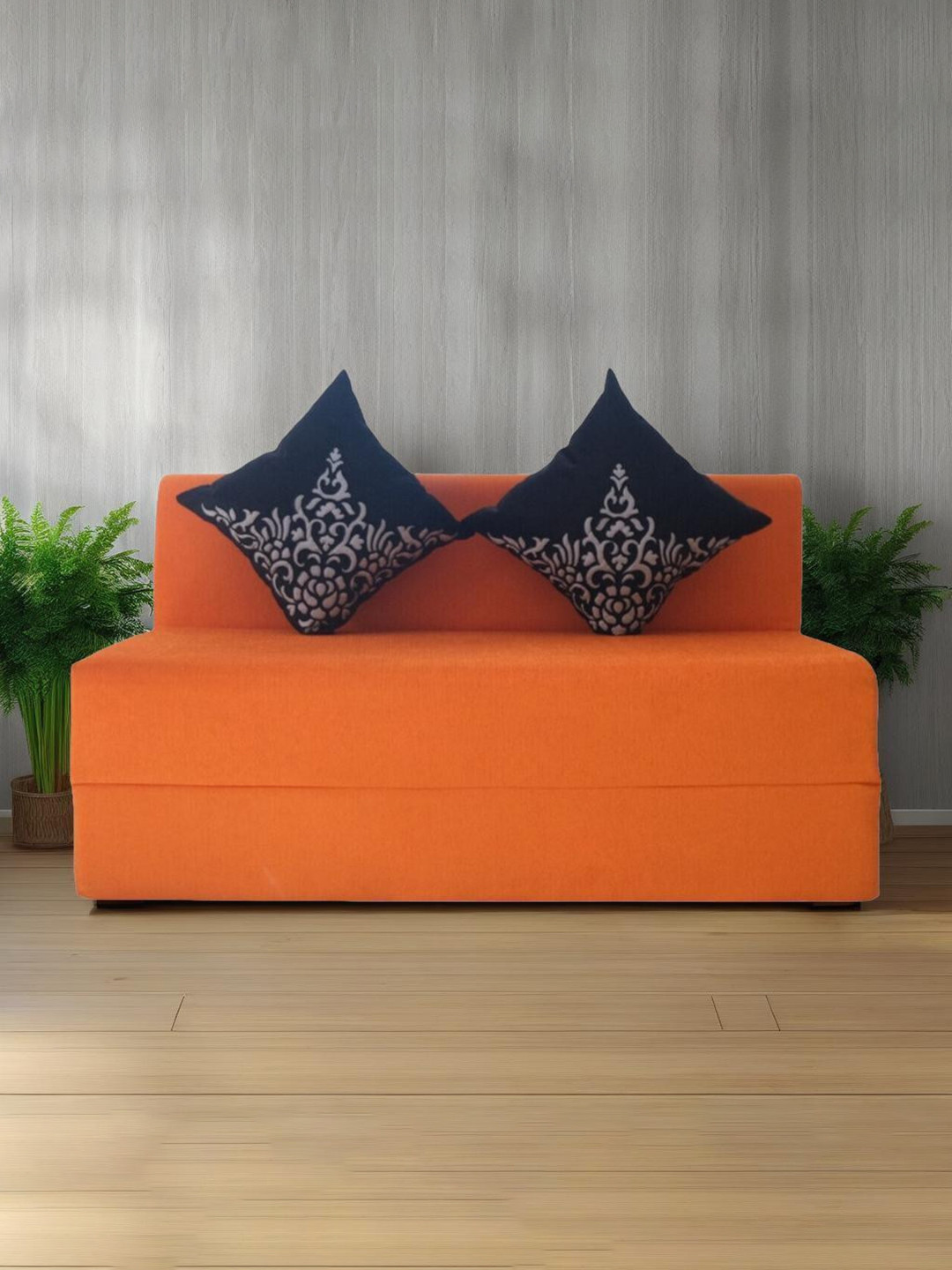FRIENDS LIFE Orange-Colored & Blue 2 Seater Comfort For All Sofa Cum Bed With 2 Pillows