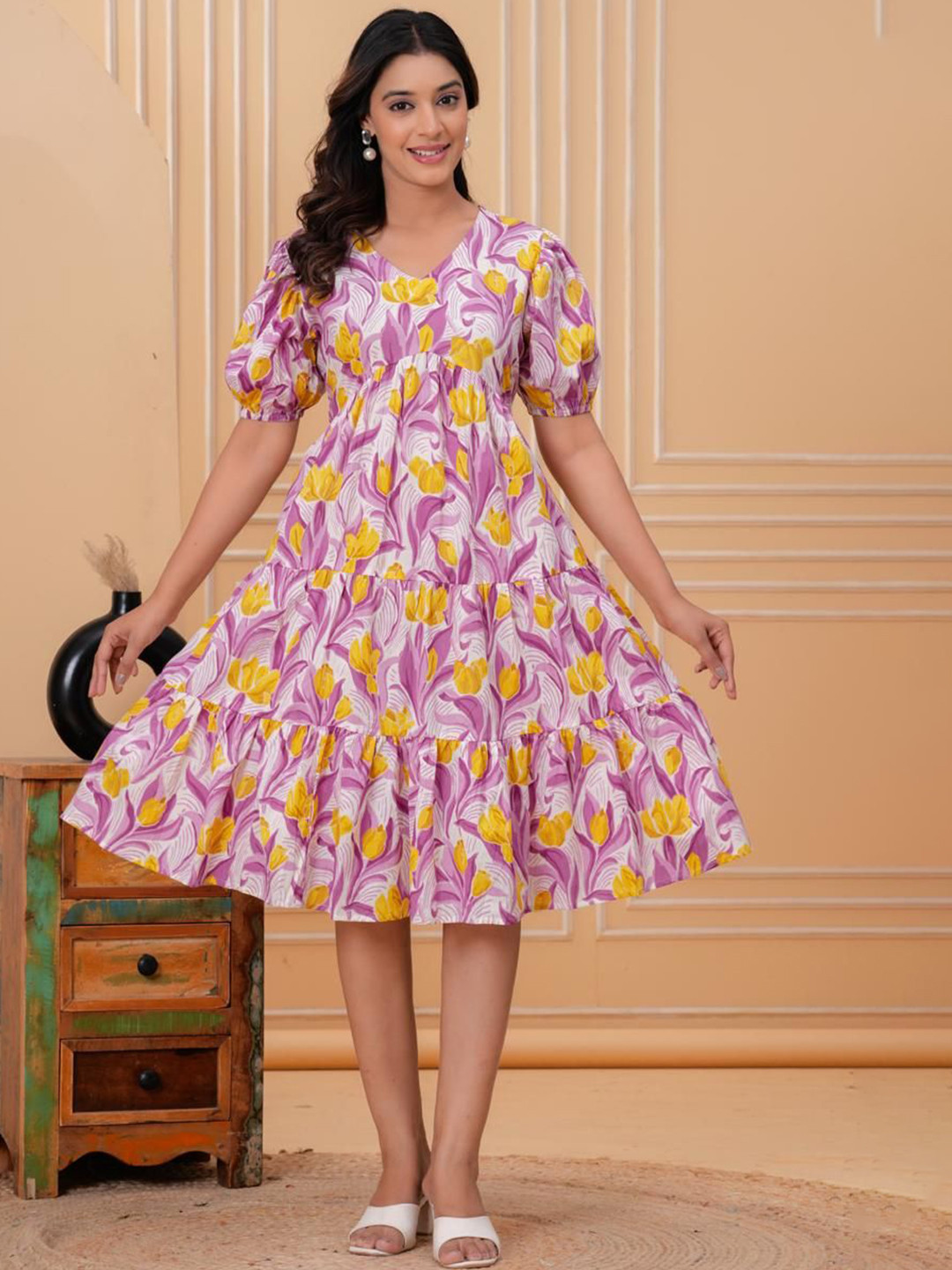 GHUMMAN SONAKSHI Floral Print Puff Sleeve Fit & Flare Dress