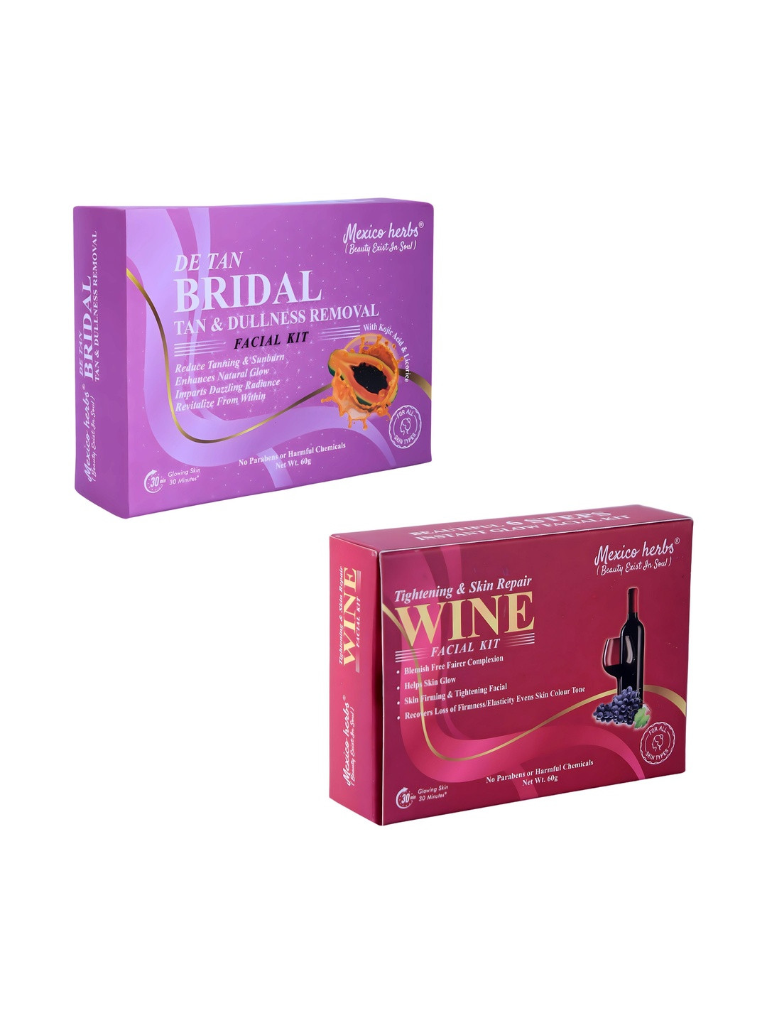 Mexico herbs Set Of 2 Bridal & Red Wine Facial Kit For Skin Brightening - 60 g Each