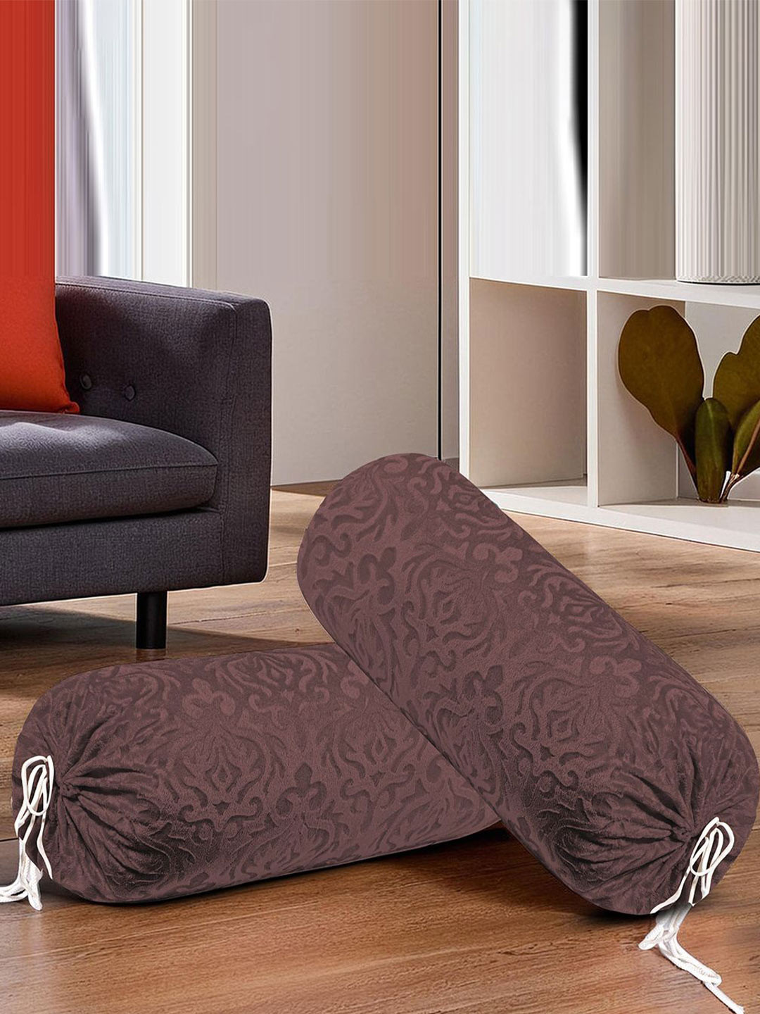 Kuber Industries 4 Pcs Self Design Brown Velvet Round Side Bolster Cover with Dori