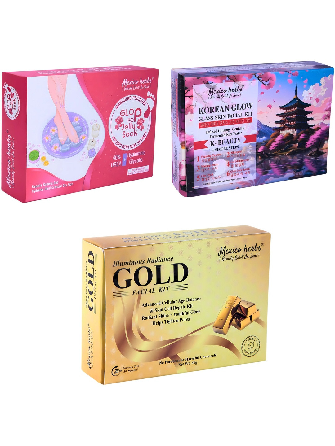 Mexico herbs Set Of 3 Glop Pop Manicure & Pedicure Kit & Korean Gold Facial Kit 60 g Each