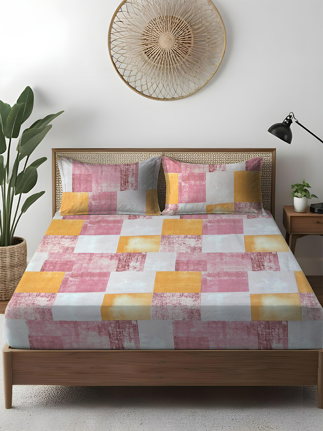 WEAVE AND DECOR Pink & White 300TC Cotton Double Queen Bedsheet Set 2.28 m x 2.28 m