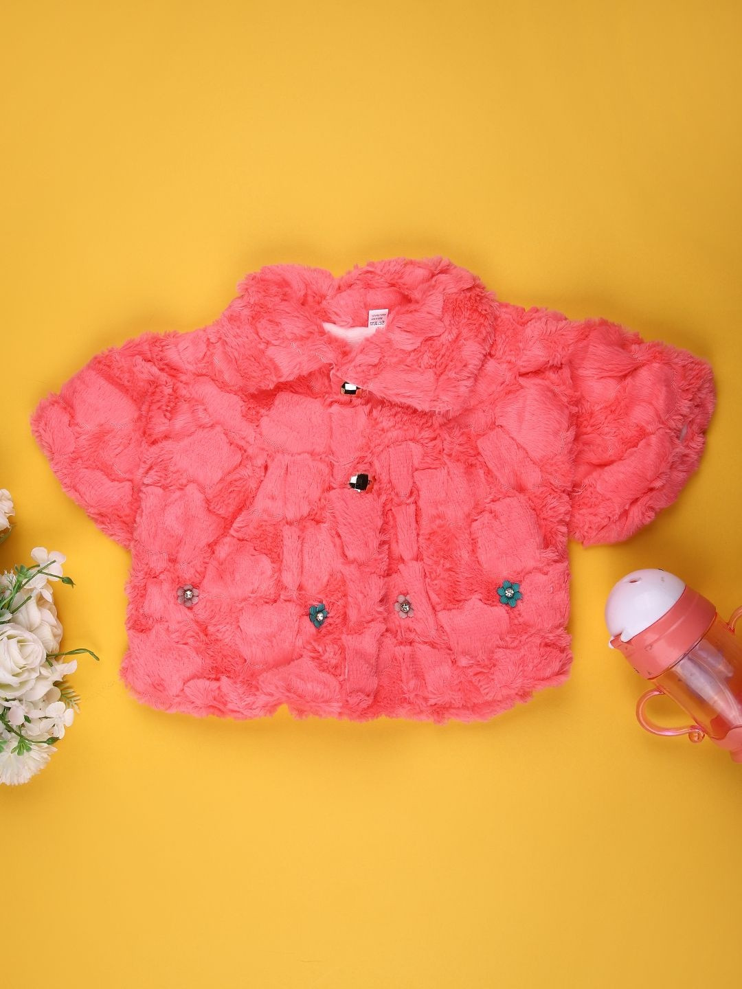 V-Mart Girls Self Design Spread Collar Short Sleeves Cotton Puffer Jacket