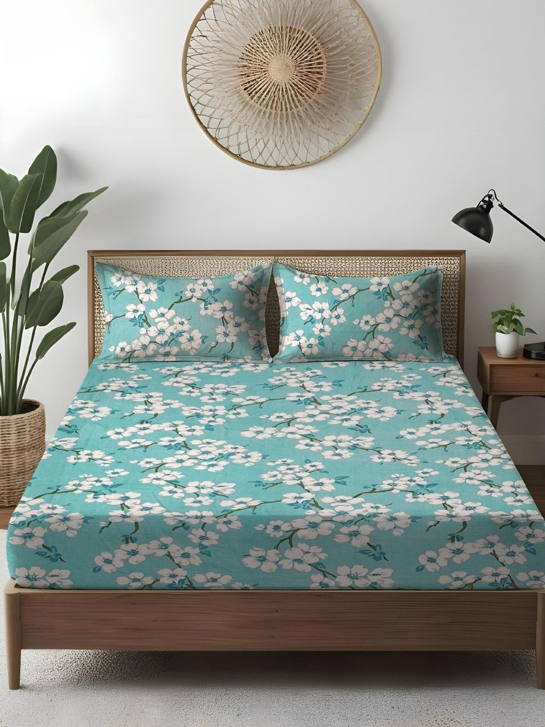 WEAVE AND DECOR Turquoise Blue & White Floral 300 TC Bedsheet with 2 Pillow Covers