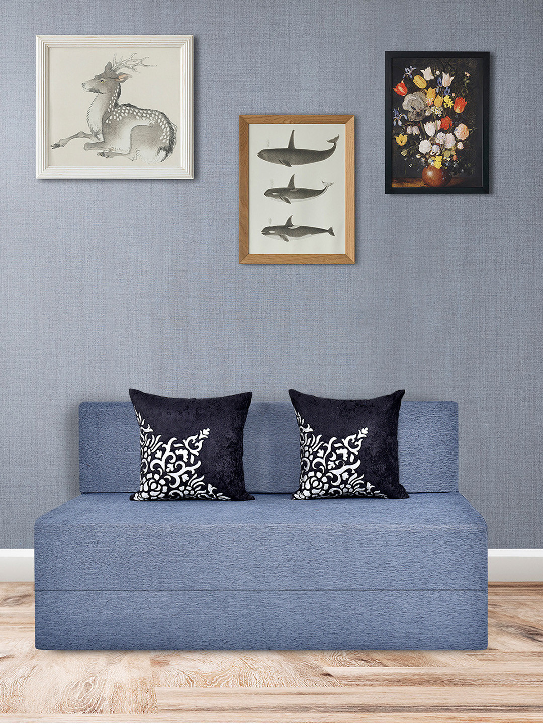 FRIENDS LIFE Grey & Black 2 Seater Comfort For All Sofa Cum Bed With 2 Pillows