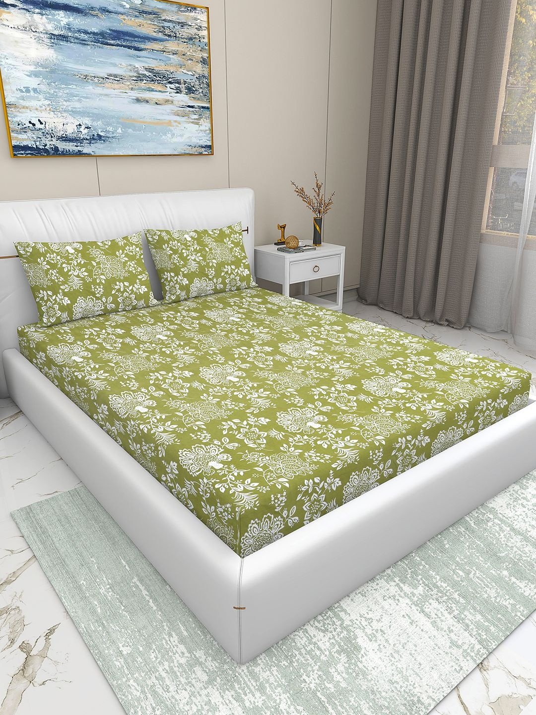 Aura Green & White Floral Printed Cotton 220 TC Double King Bedsheet 108 x 108 inch