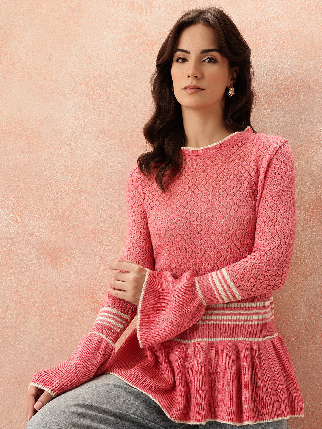 all about you Open Knit Striped Bell Sleeves Top
