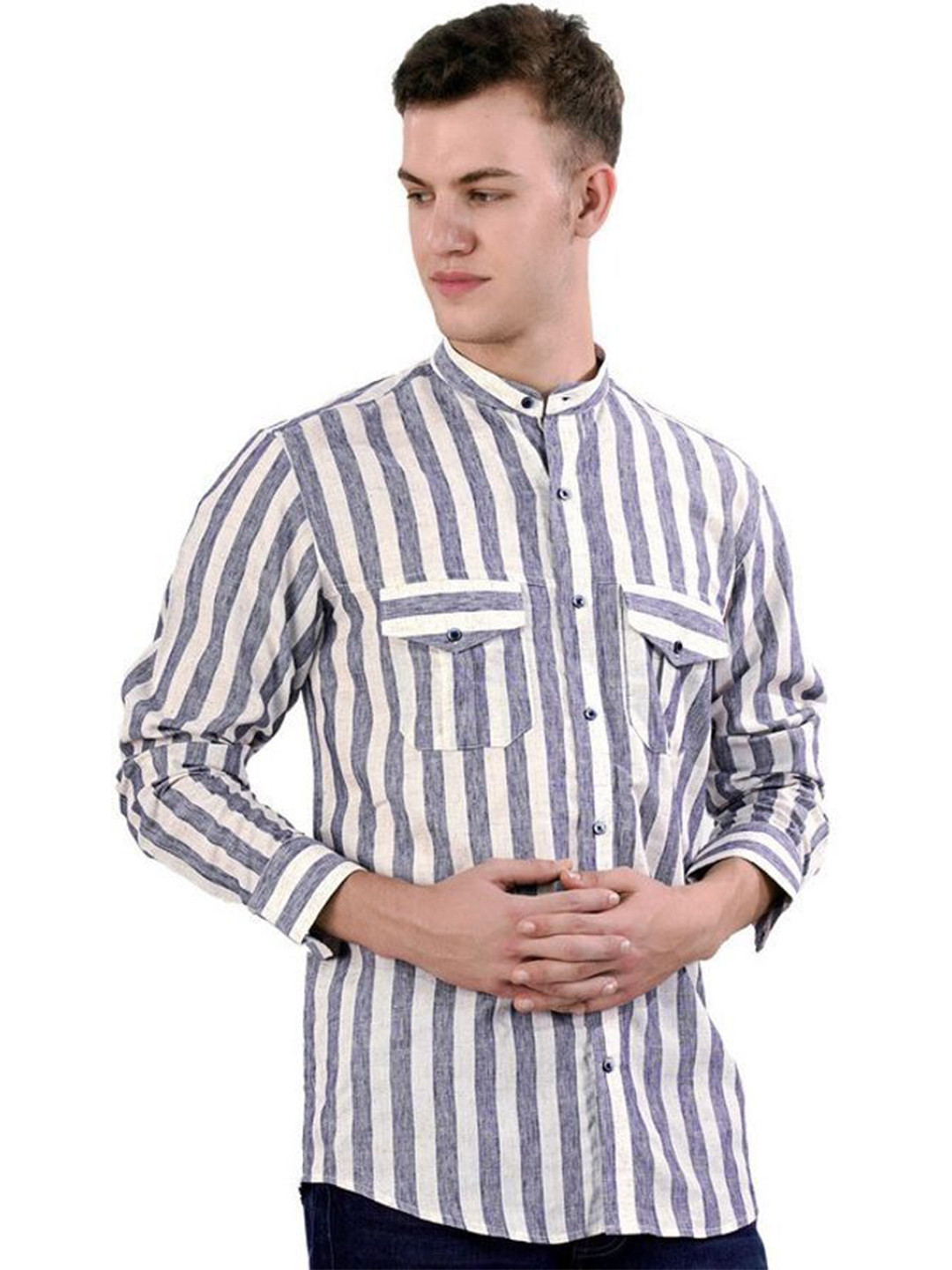 FRENCH CROWN Vertical Striped Standard Linen Casual Shirt