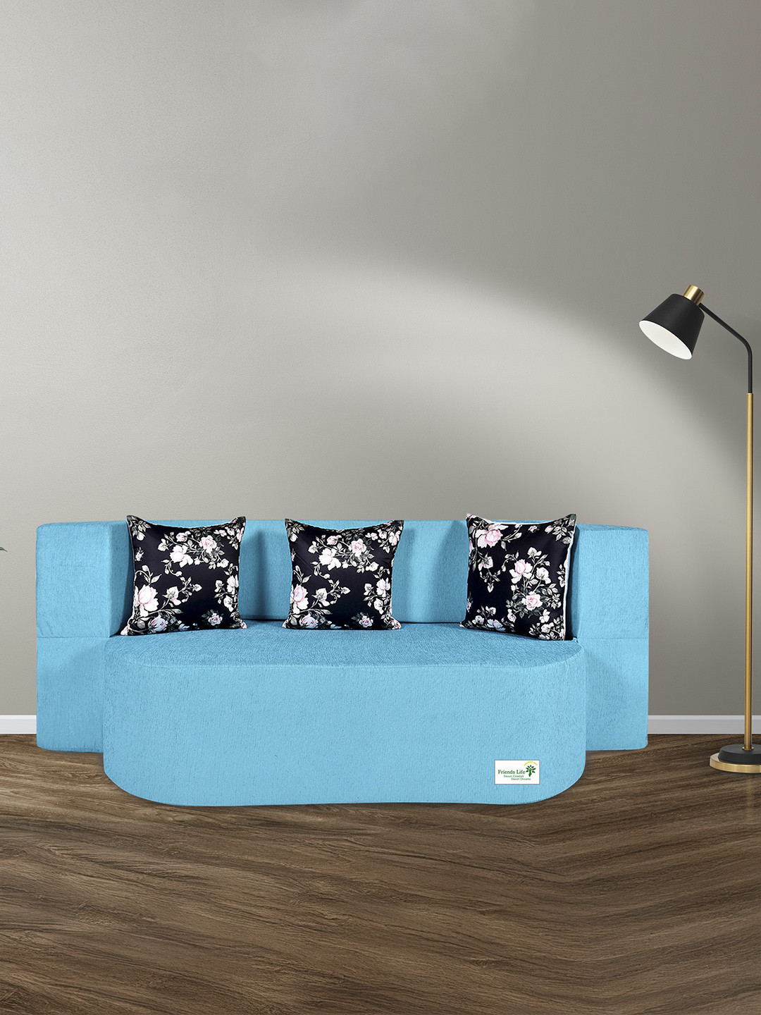 FRIENDS LIFE Blue & Black 2 Seater Fold Out Sofa Cum Bed With Pillows