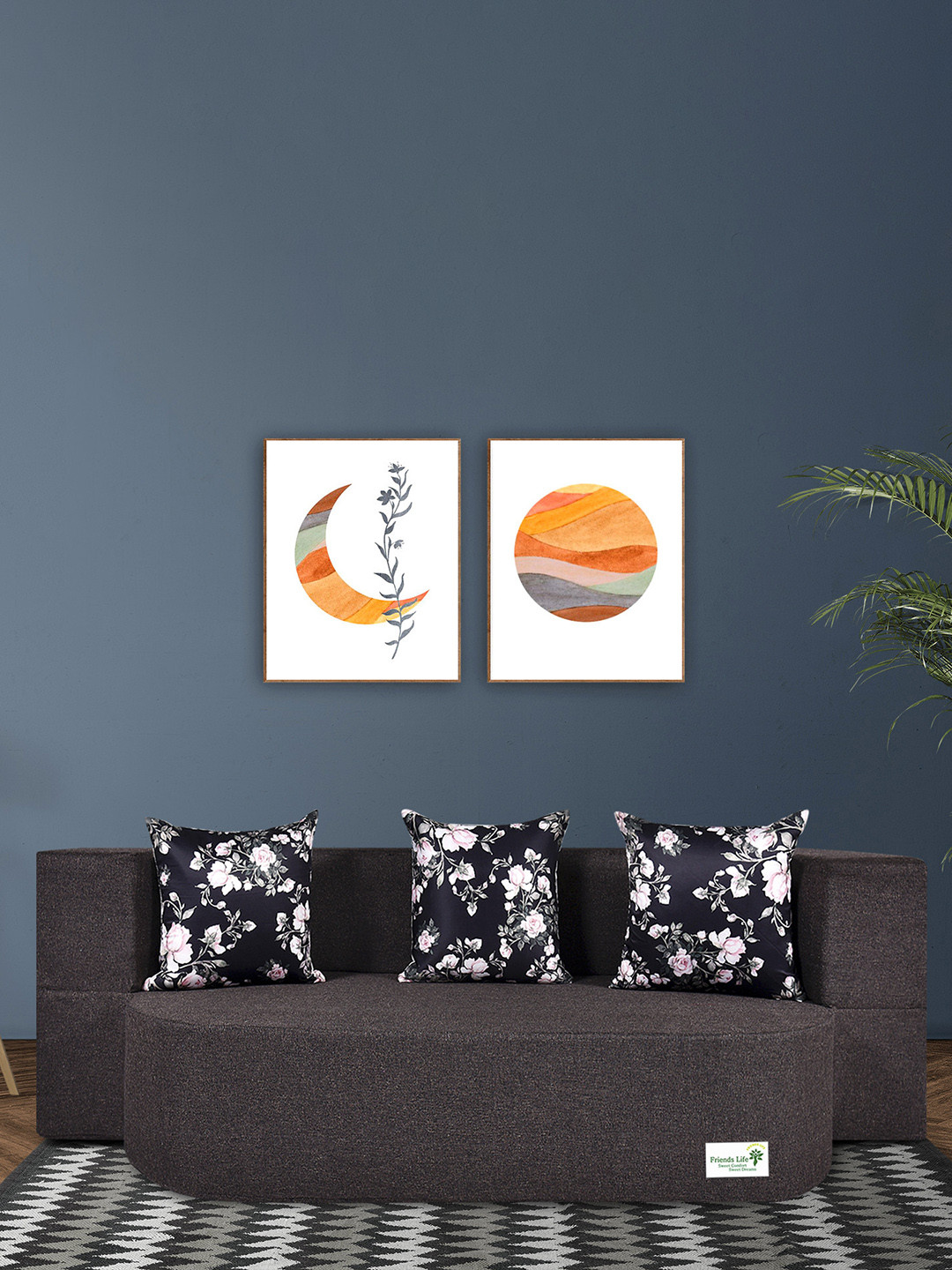 FRIENDS LIFE Brown & Black 3 Seater Fold Out Sofa Cum Bed With Pillows