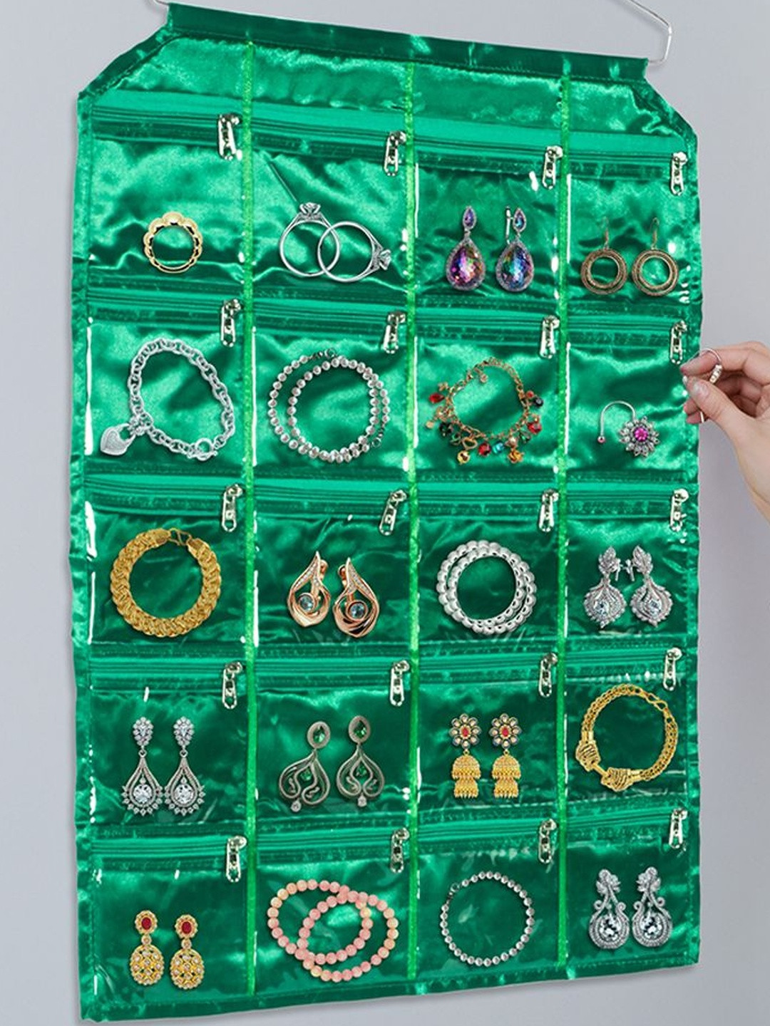 Kuber Industries Green Satin Hanging with 20 Pockets Jewellery Organizer