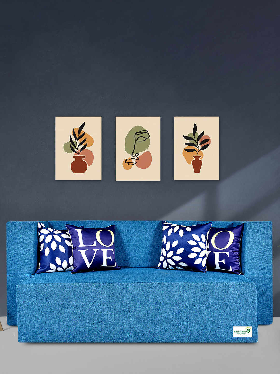 FRIENDS LIFE Blue & White Foam 4 Seater Fold Out Sofa Cum Bed With 4 Pillows