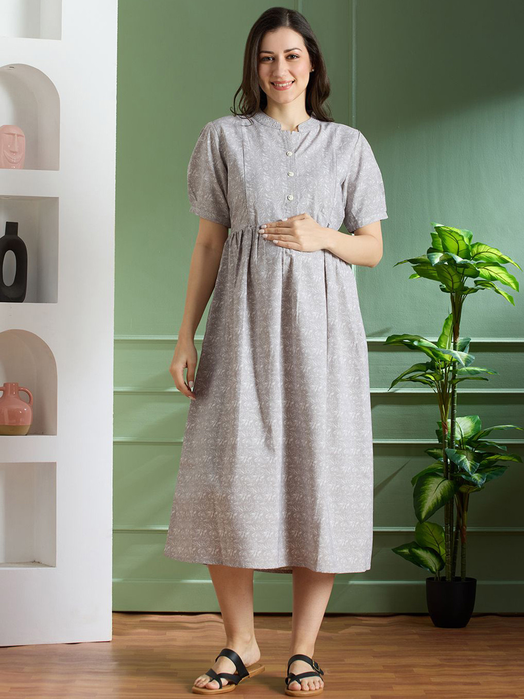 NIGHTSPREE Floral Print Puff Sleeve Maternity Fit & Flare Midi Dress