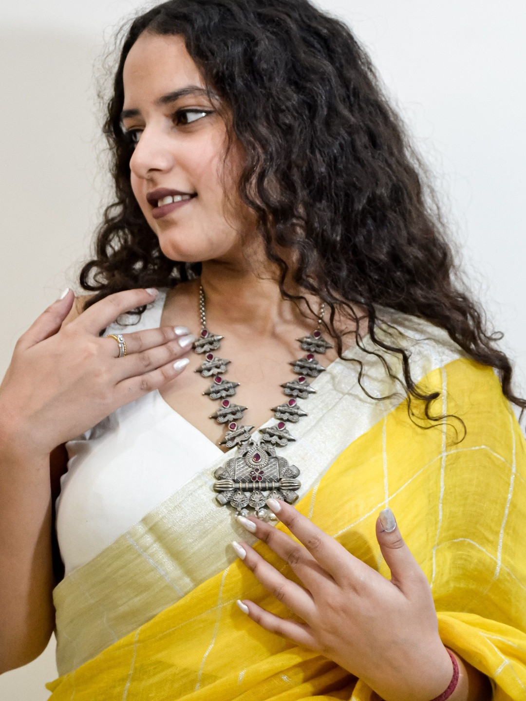 GMM Luxe Stones Studded And Beaded Peacock & Floral Design Oxidised Necklace And Chains