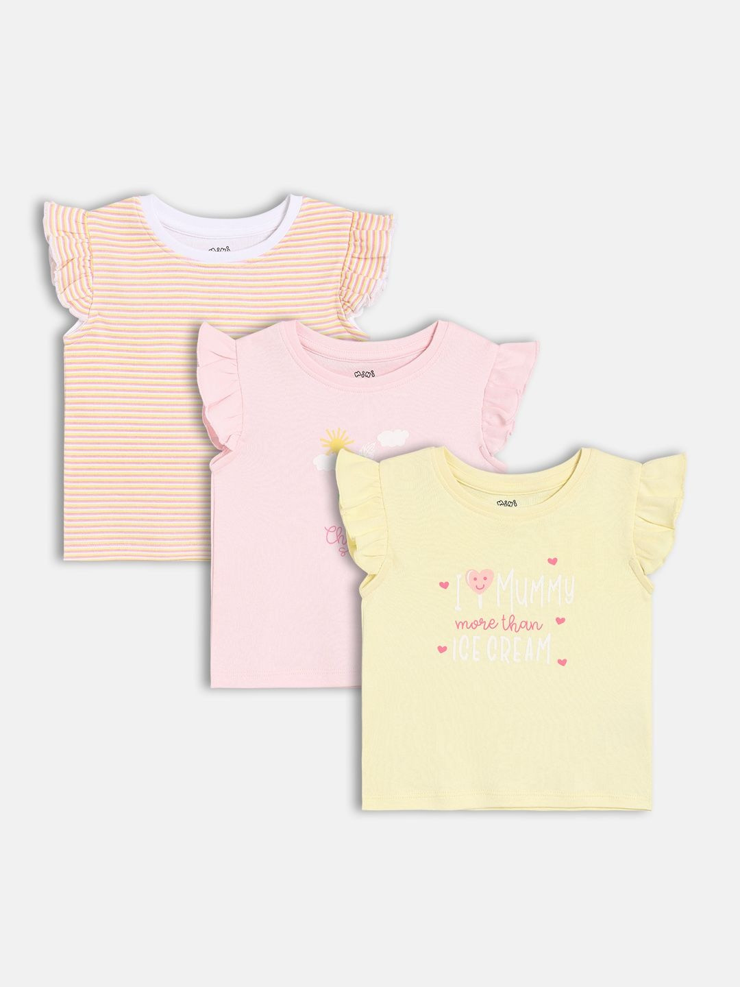 MINI KLUB Girls Pack Of 3 Round Neck Graphic Print Flutter Sleeves Tops