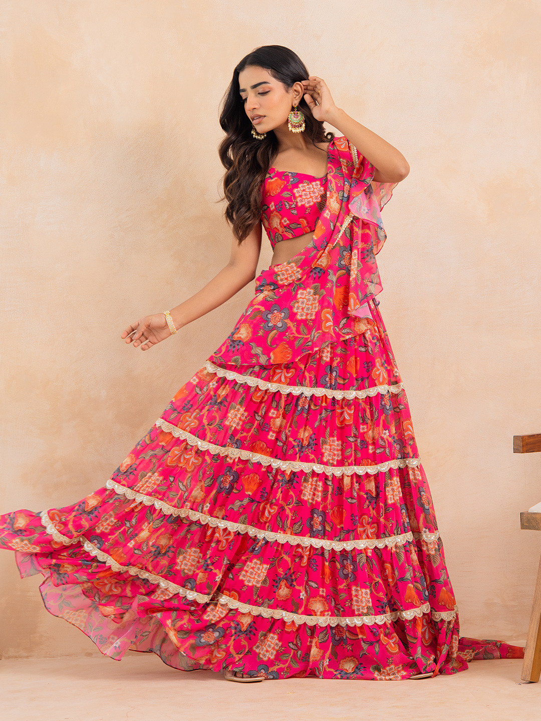 KAORI BY SHREYA AGARWAL Floral Printed Beads and Stones Ruffled Flared Pre-Draped Saree