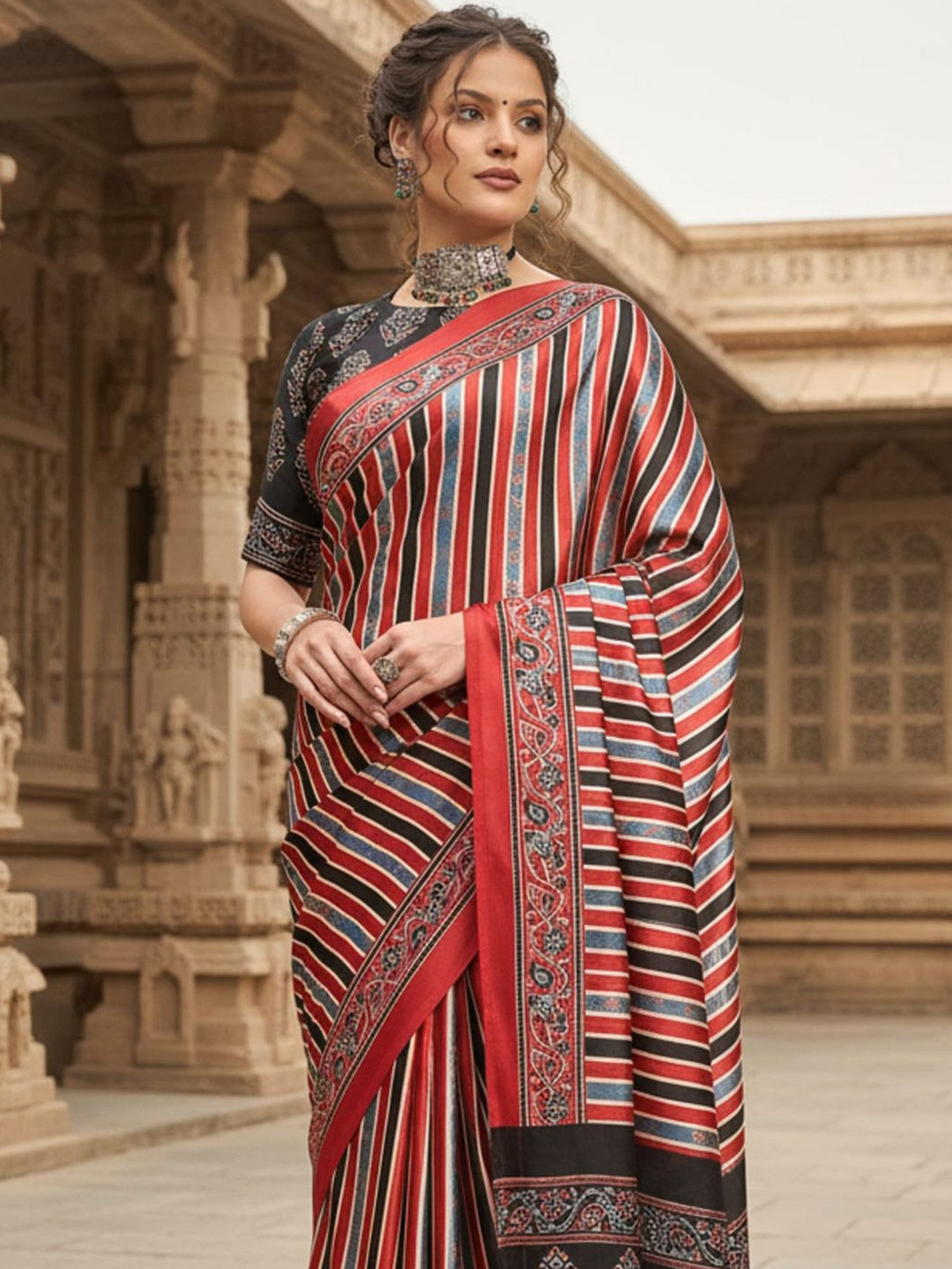 all about you Striped Pure Crepe Block Print Saree