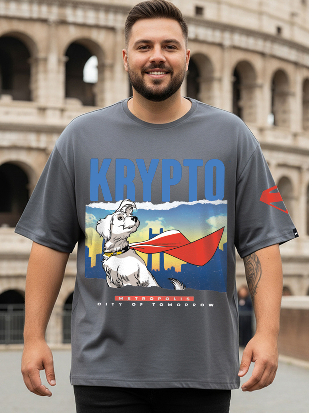 Bewakoof OFFICIAL DC MERCHANDISE Men's Krypto Graphic Printed Oversized Plus Size T-shirt