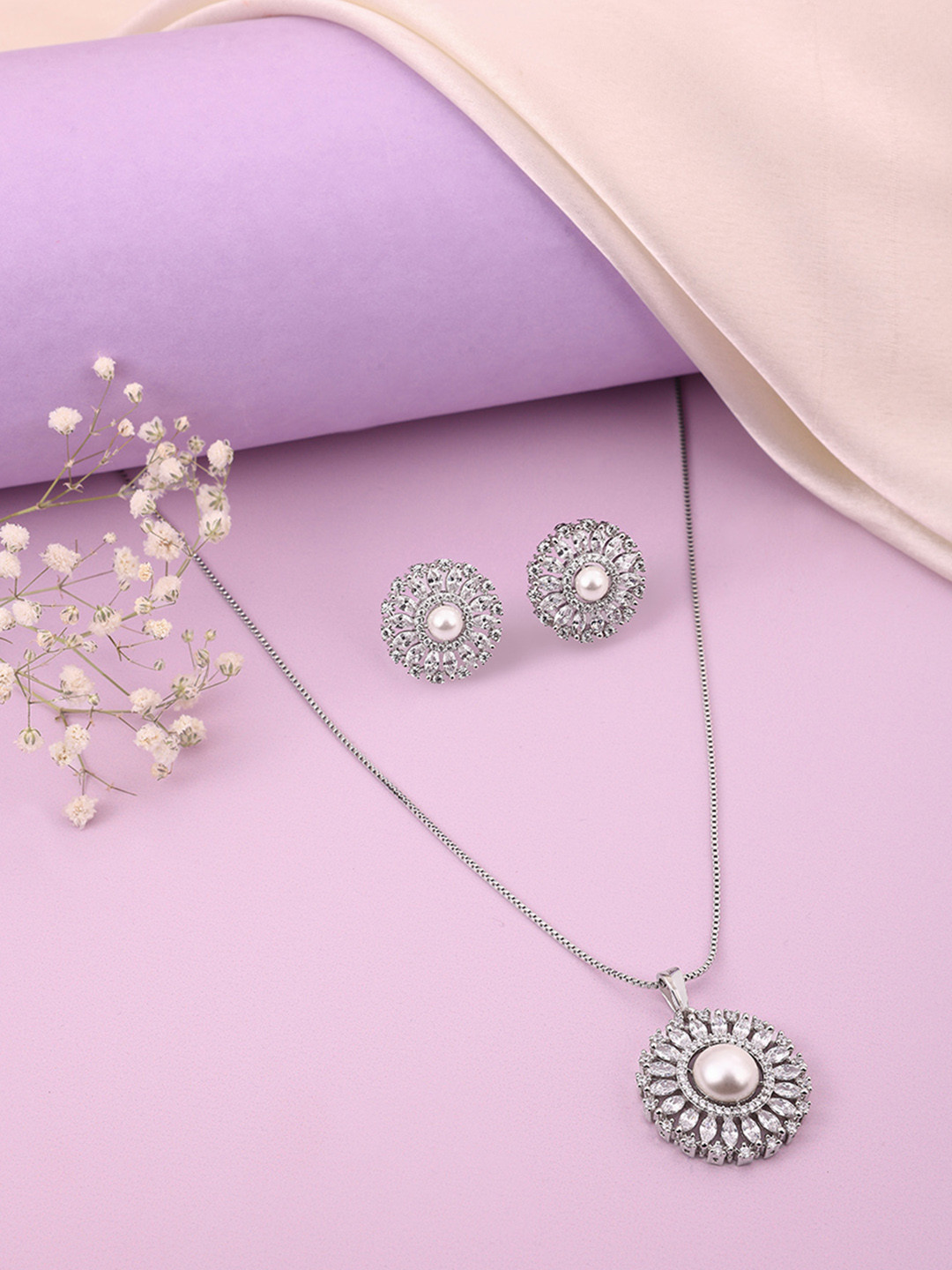 Peora Silver-Plated Cubic Zirconia Studded Pendant Chain & Earring Set