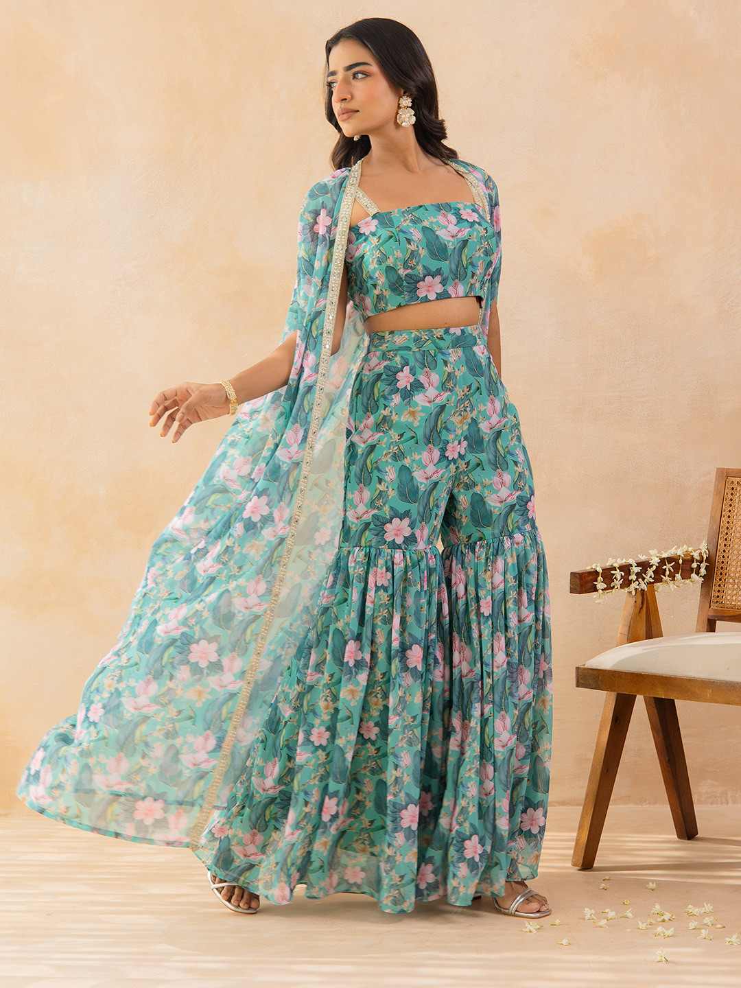 KAORI BY SHREYA AGARWAL Aqua Green Floral Printed Embellished Top Cape Sharara Set
