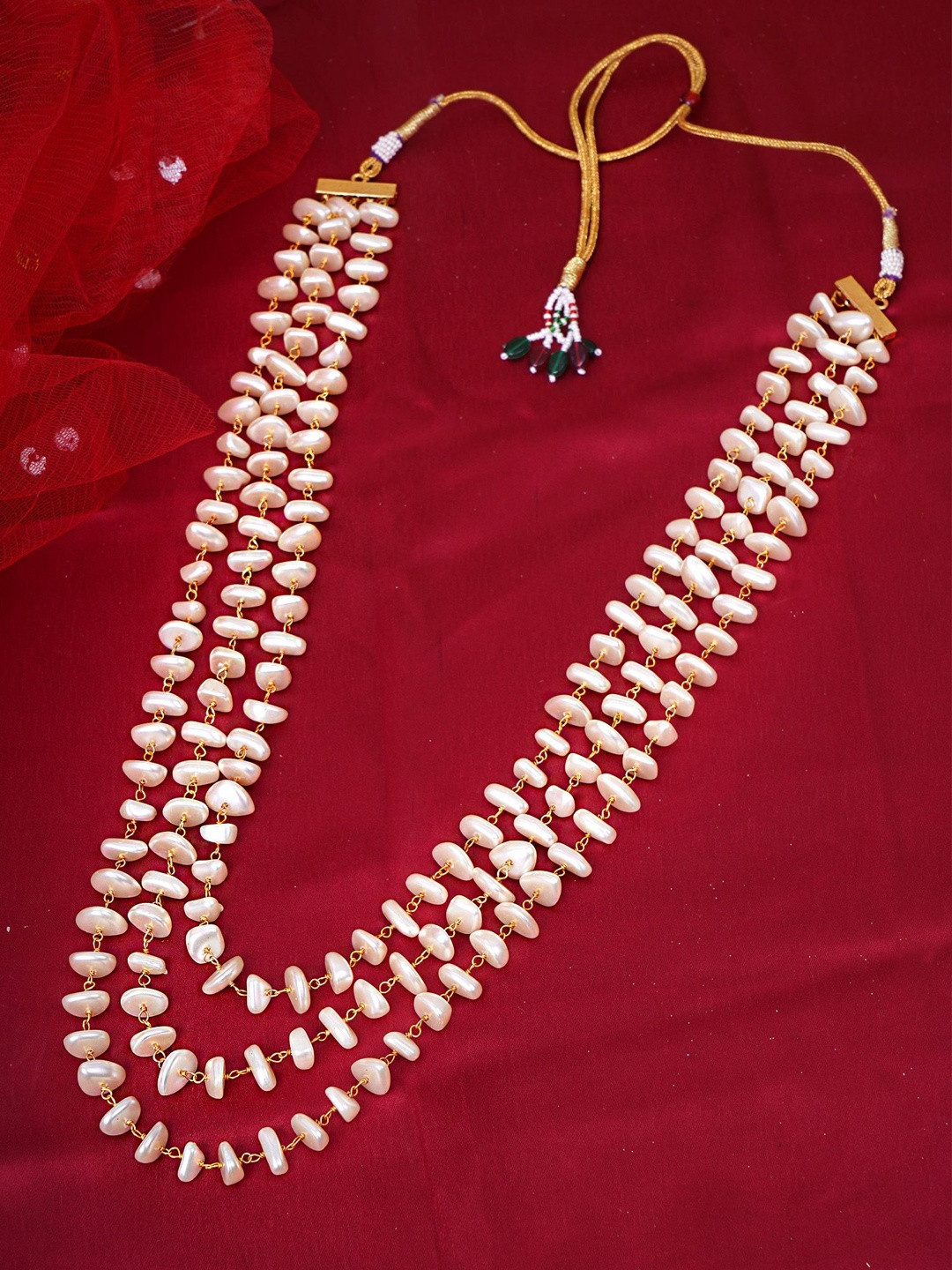 Adwitiya Collection Gold-Plated Pearl & Jadtar Stone Layered Necklace